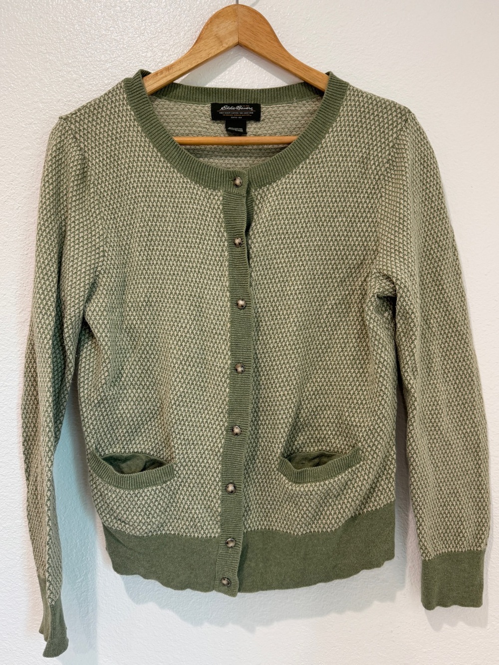 Eddie Bauer Cotton Cashmere Cabincore Sage Green Button Up Knit Pocket Sweater L
